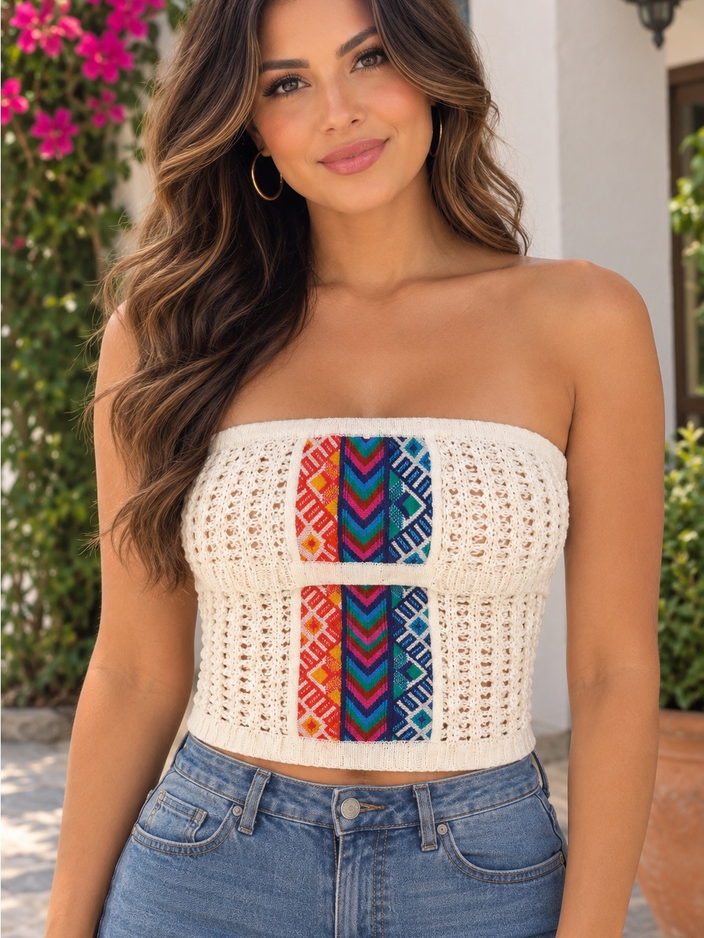 Jen’s Pirate Booty Crochet Strapless Tube Top with Multicolor Embroidery Size Sm